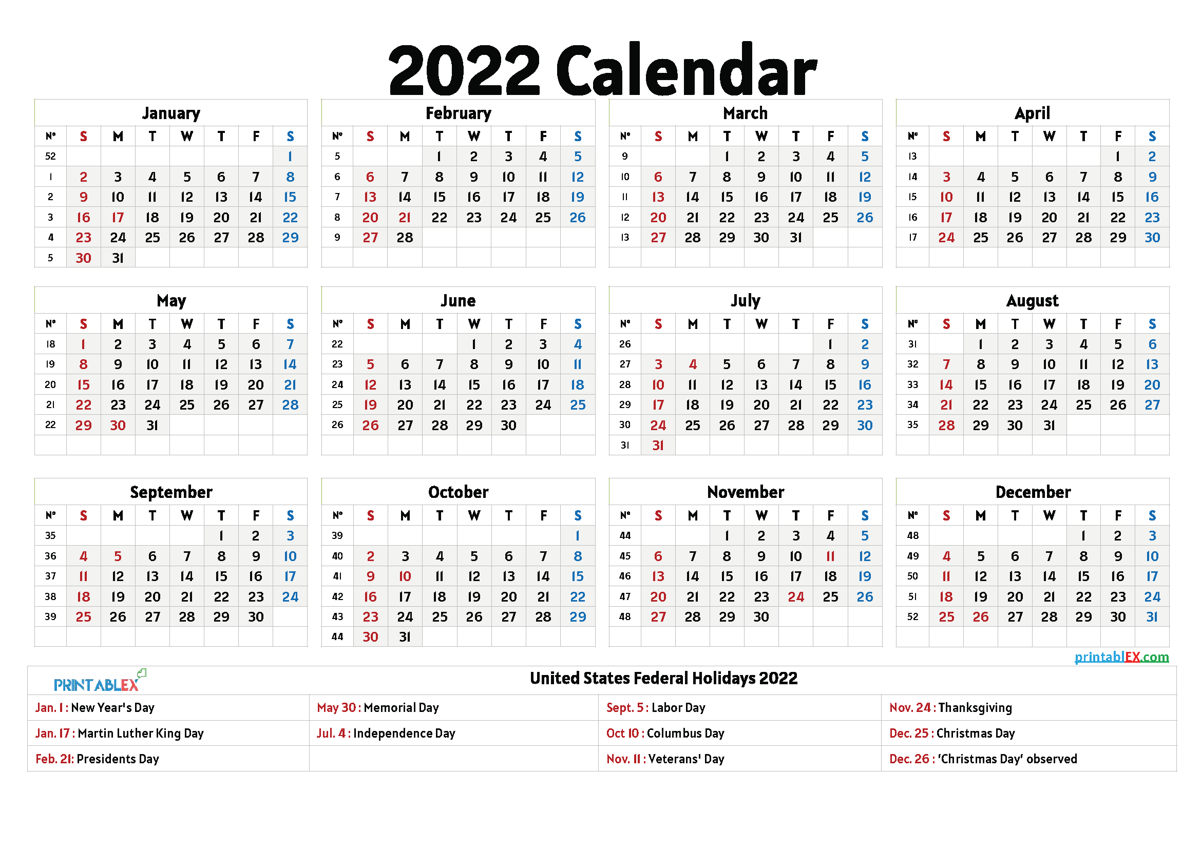 2022 Printable Calendar With Holidays | Free Letter Templates intended for Fiscal Year Calendar 2022 2022 Printable