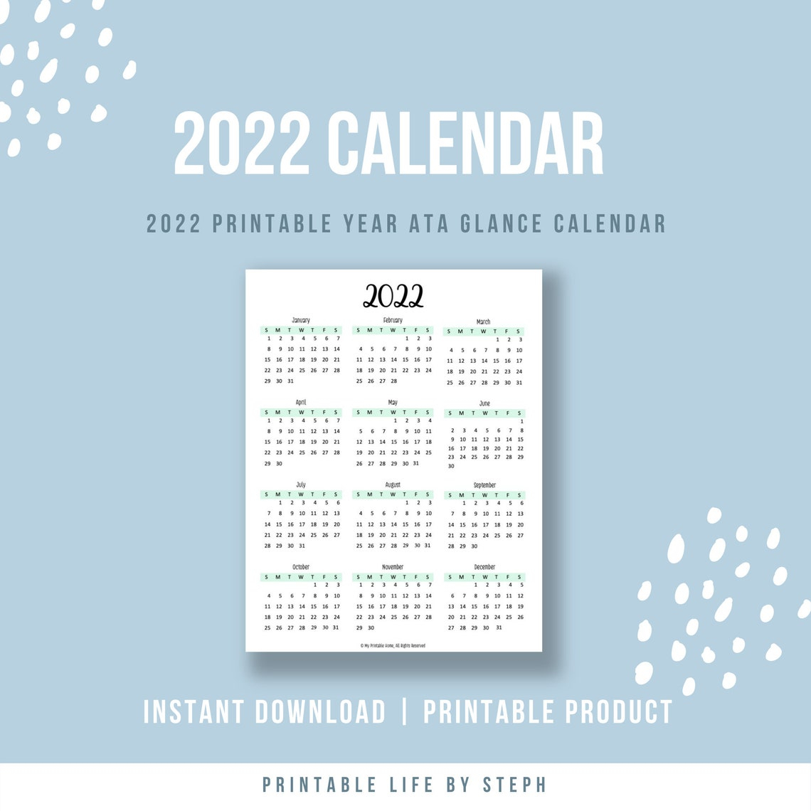 2022 Printable Year At A Glance Calendar Yearly Planner | Etsy for Year At A Glance Calendar 2022