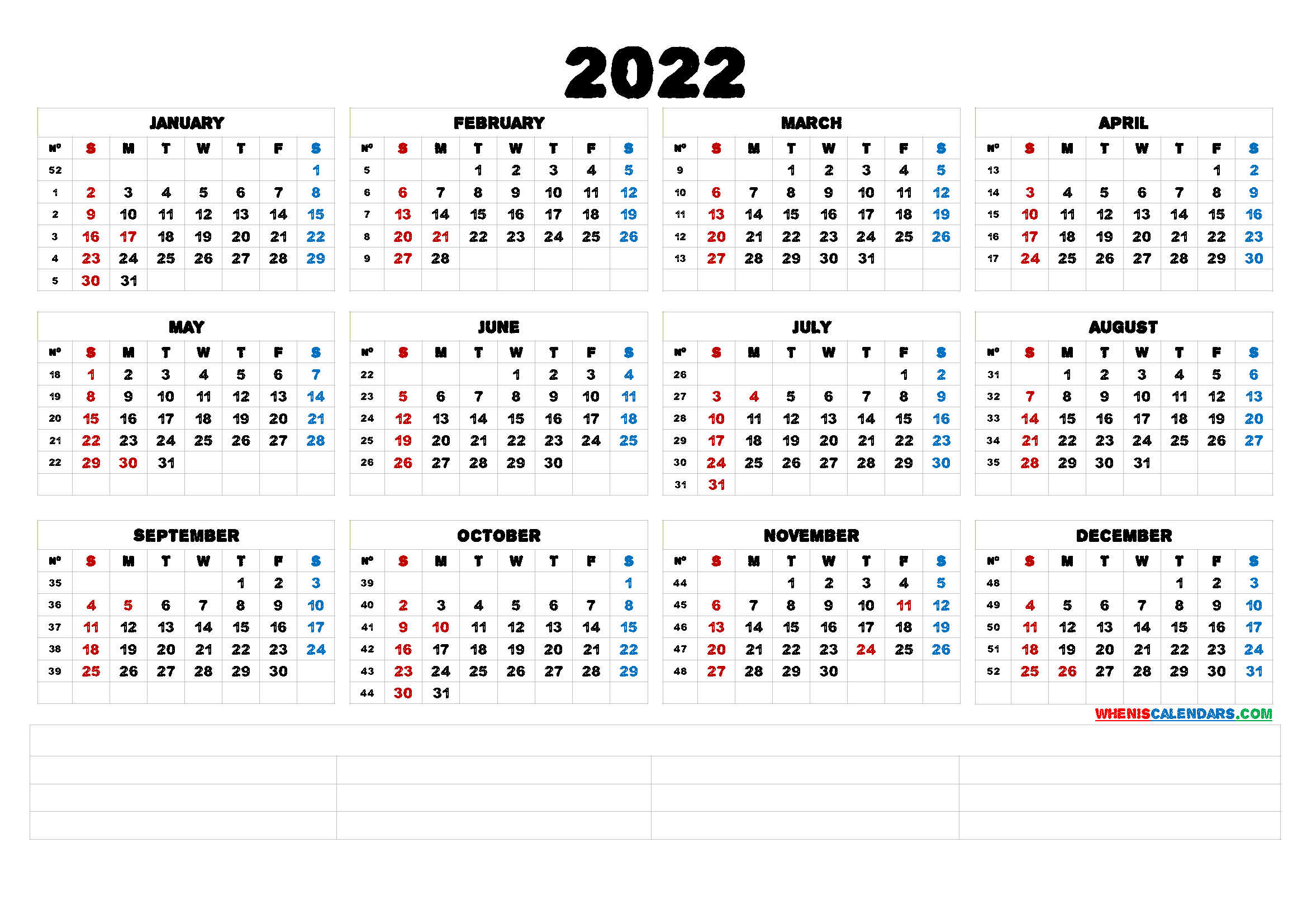 2022 Printable Yearly Calendar With Week Numbers (6 Templates)  Free with regard to Free Printable Fiscal Year 2022 Calendar