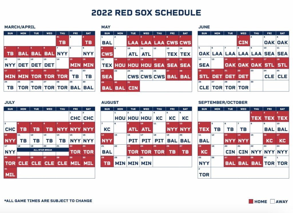 2022 Red Sox Schedule  Rsnstats regarding Printable Nfl Schedule 2022 2022 Calendar Printables