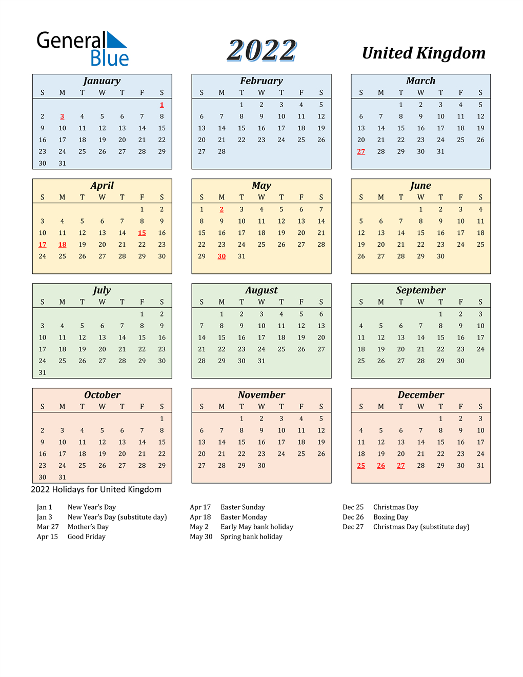 2022 United Kingdom Calendar With Holidays with 2022 Calendar With Weeks
