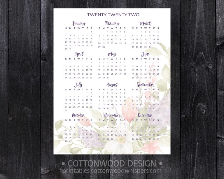2022 Year At A Glance Calendar | Bouquet Floral | Printable Calendar within 2022 Year At A Glance