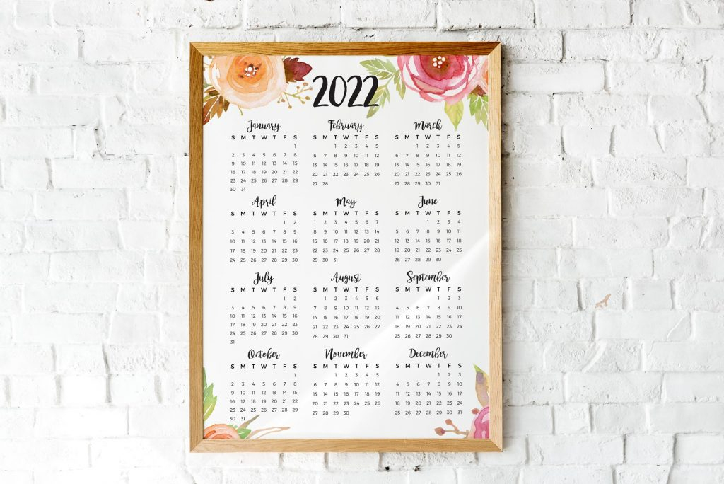 2022 Year At A Glance Calendar | Watercolor Roses | Printable Calendar intended for 2022 Year At A Glance