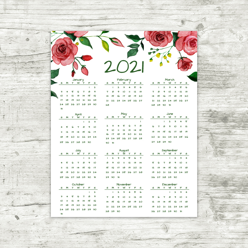 2022 Year At A Glance Calendar | Watercolor Roses | Printable Calendar within 2022 Year At A Glance