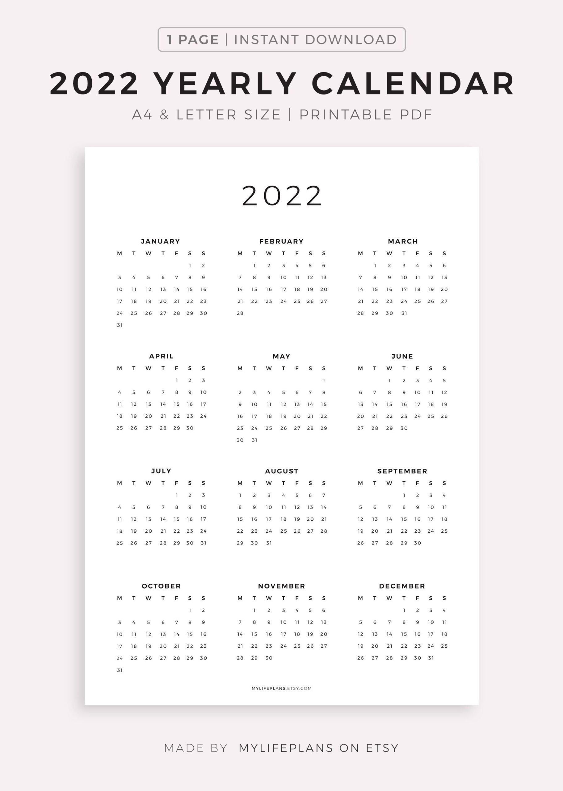 2022 Year Calendar Printable Yearly Wall Calendar Desk | Etsy throughout 2022 Wall Calendar Printable Free