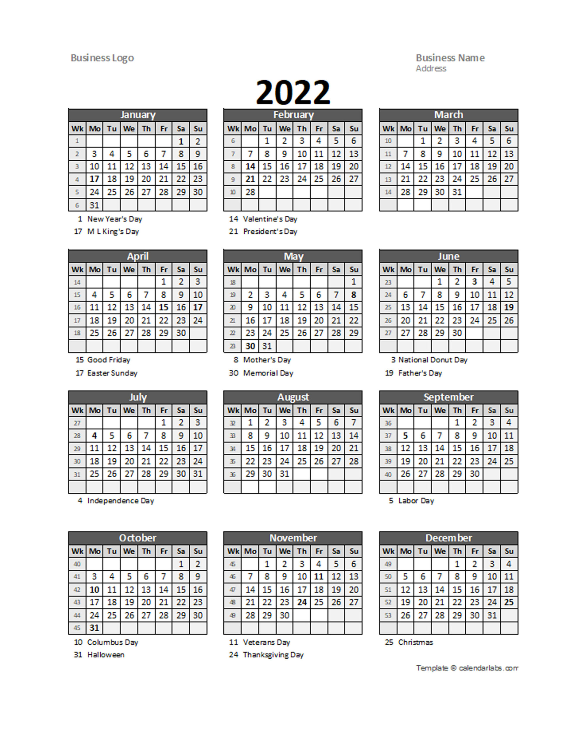 2022 Yearly Business Calendar With Week Number  Free Printable Templates intended for Free Printable Fiscal Year 2022 Calendar