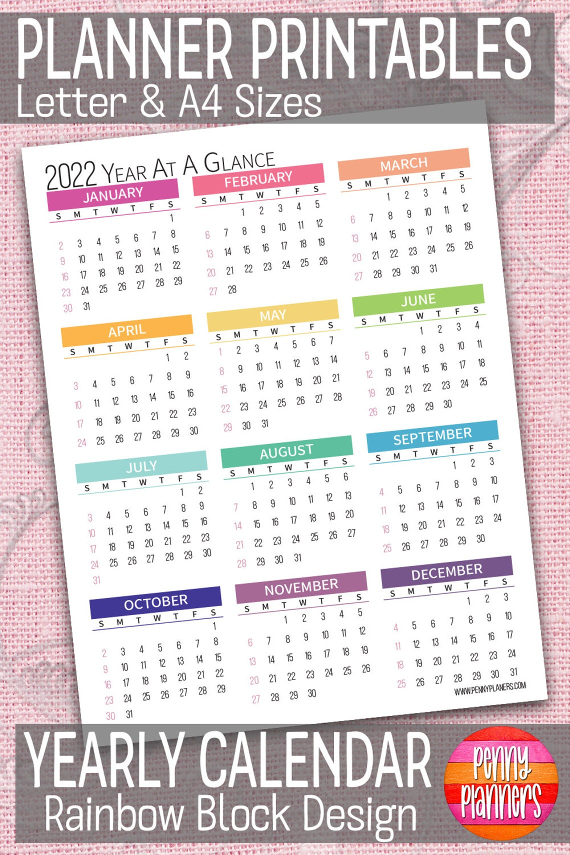 2022 Yearly Calendar 8.5X11 A4 Printable Color Block | Etsy inside 2022 Year At A Glance