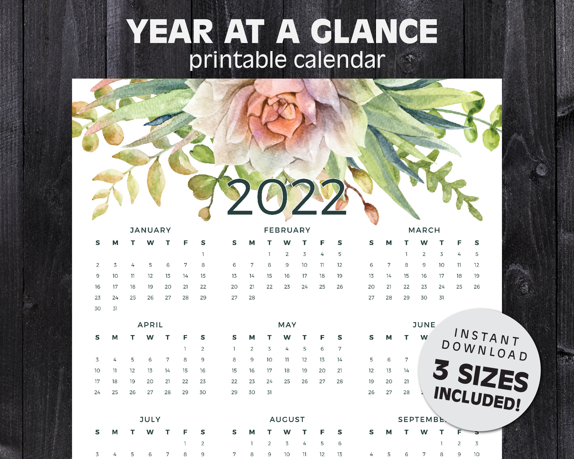 2022 Yearly Calendar At A Glance Succulents &amp; Cactus | Etsy throughout 2022 Year At A Glance