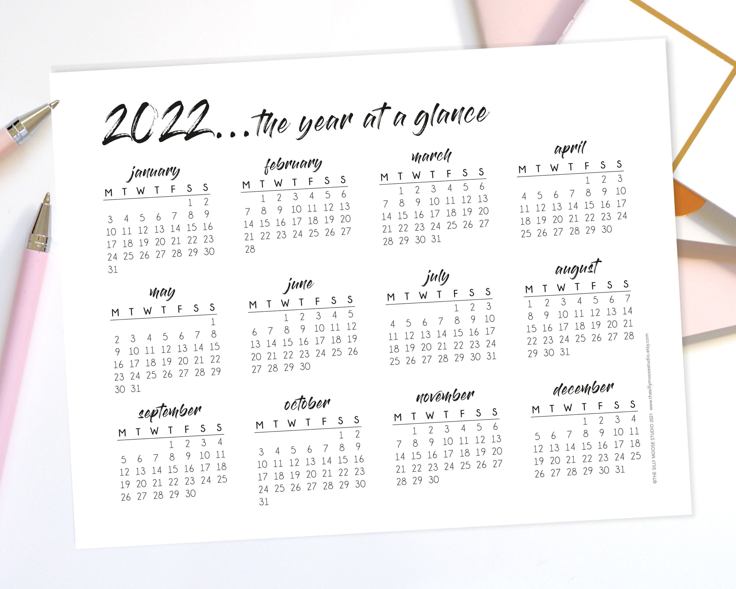 2022 Yearly Calendar Printable Monday Start Landscape Year | Etsy pertaining to Year At A Glance Calendar 2022