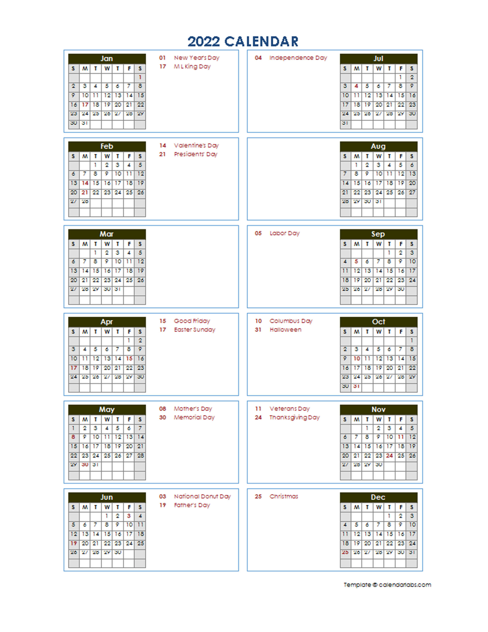 2022 Yearly Calendar Template Vertical Design  Free Printable Templates pertaining to Printable 2022 Calendar One Page