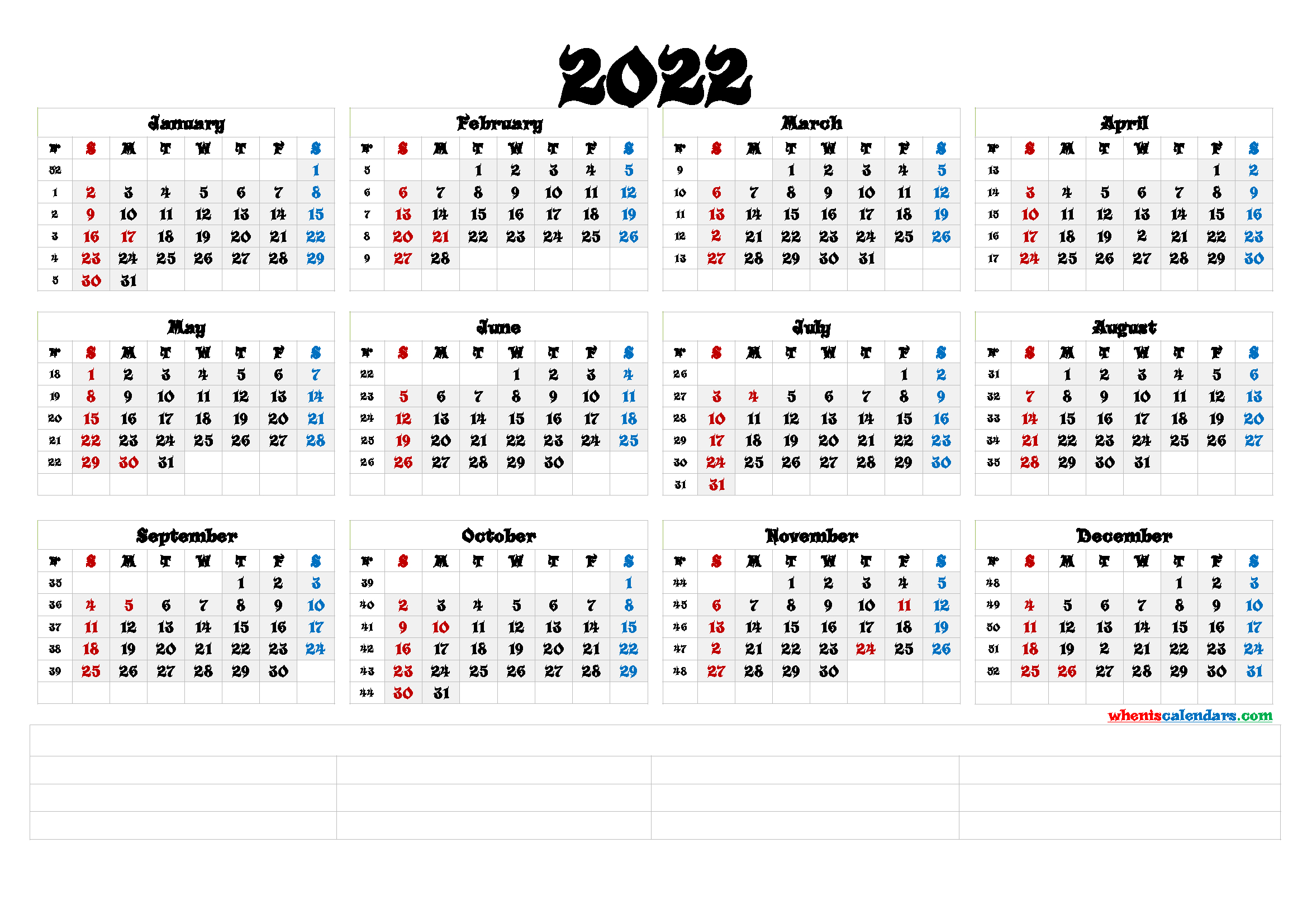 2022 Yearly Calendar Template Word  Calendraex with Large Free Printable 2022 Months