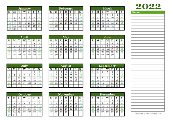 2022 Yearly Calendar With Blank Notes  Free Printable Templates for Free Google 2022 Calendar Printable