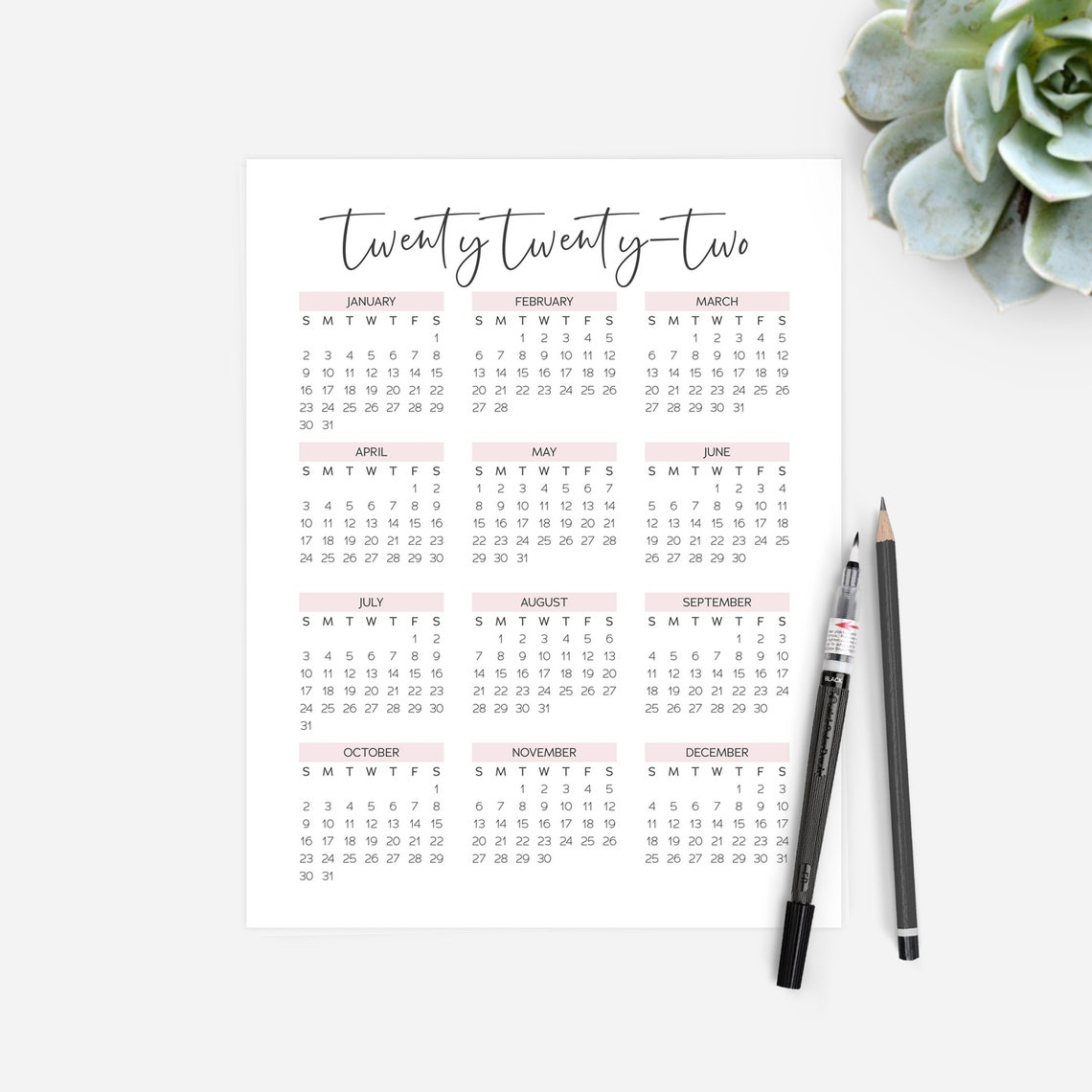 2022 Yearly Calendar Year At A Glance Calendar Blush Pink | Etsy inside 2022 Year At A Glance