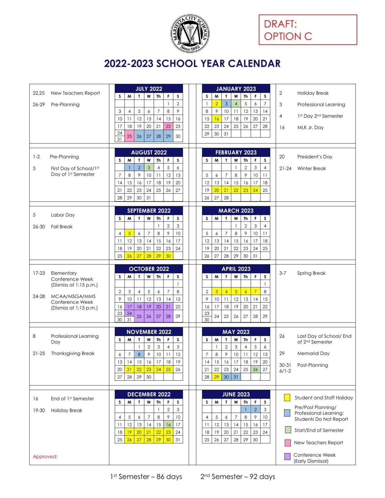 202223 Marietta Schools Calendar Option C | | Mdjonline pertaining to Cobb County Schools Calendar 2022-23