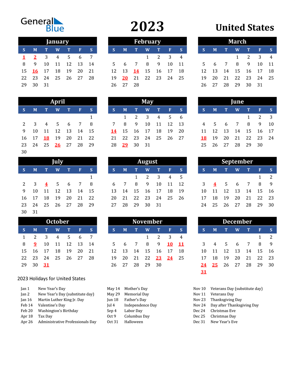 2023 United States Calendar With Holidays with Free Calendar Pdf States United