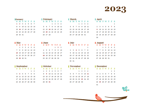 2023 Yearly Calendar Bird Template  Free Printable Templates regarding Background March Calendar 2023