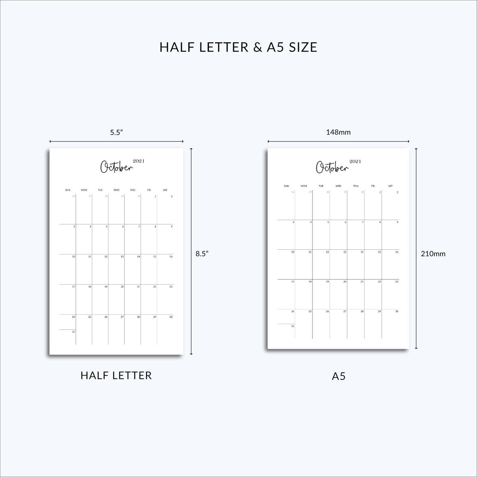 A5 Half Letter Size Printable Monthly Calendar 2021 | Etsy regarding Half Size Monthly Printable Calendar