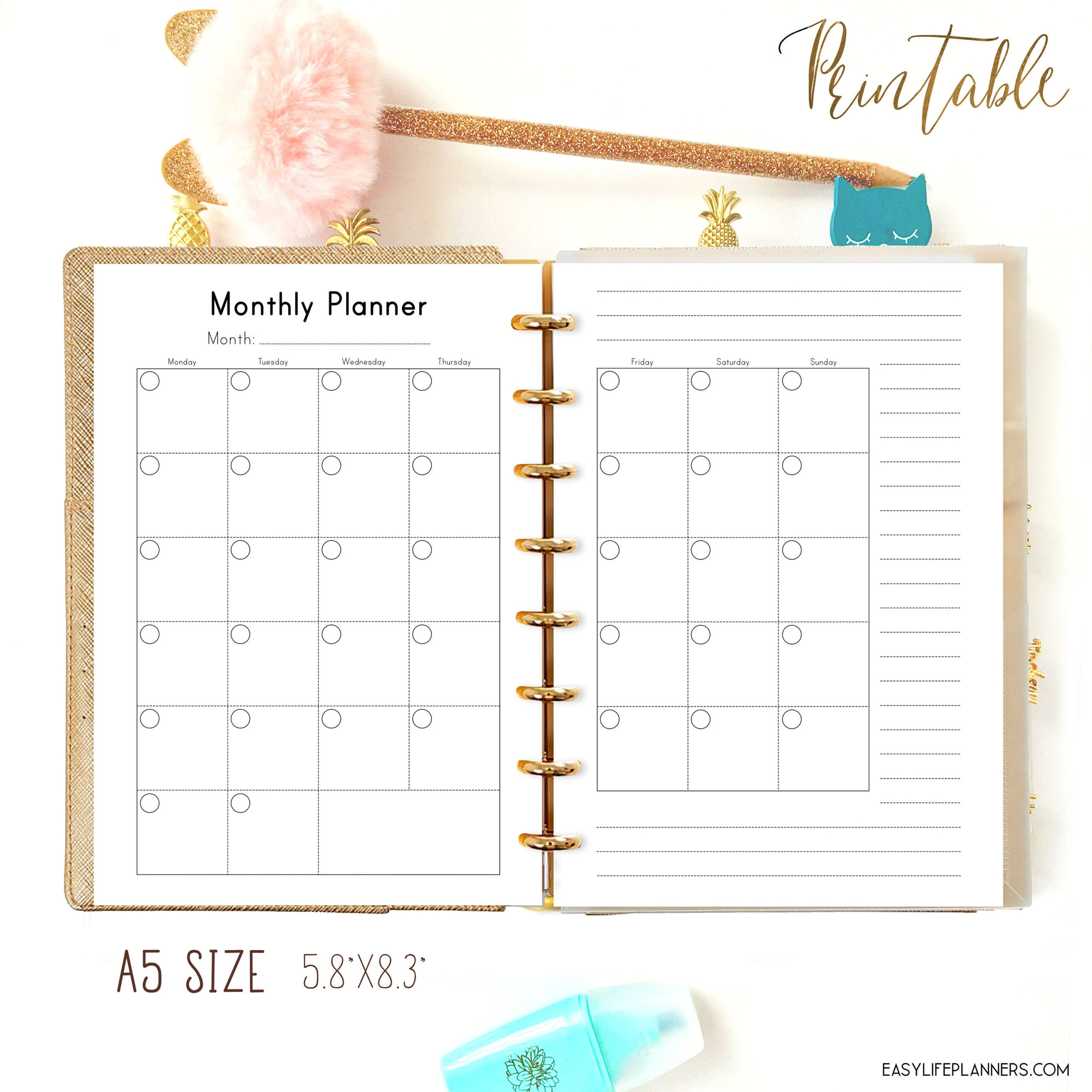 A5 Monthly Planner A5 Planner Inserts Filofax A5 Inserts 5.83 X 8.27 within Two Page Printable Monthly Calendar Pdf Free 8.5X11