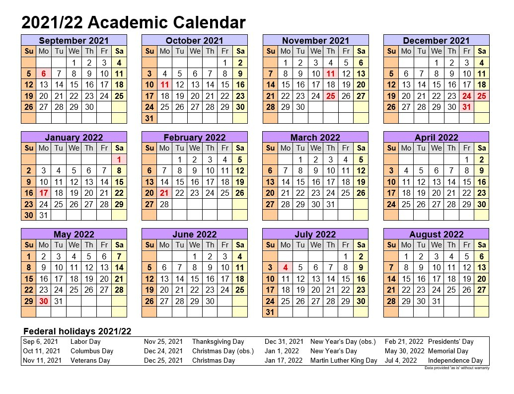Academic Calendars 202122 In Landscape | Allcalendar for 2022 Yearly Calendar Template Word School Holidays South Australia