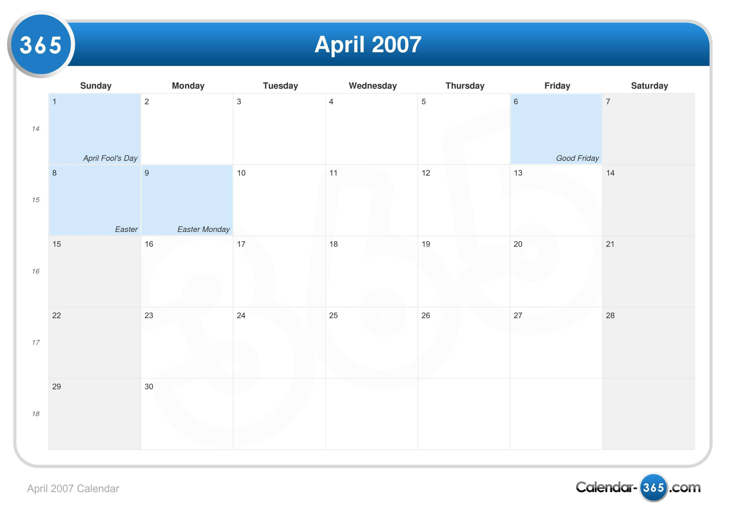 April 2007 Calendar for April 2023 Calendar Easter