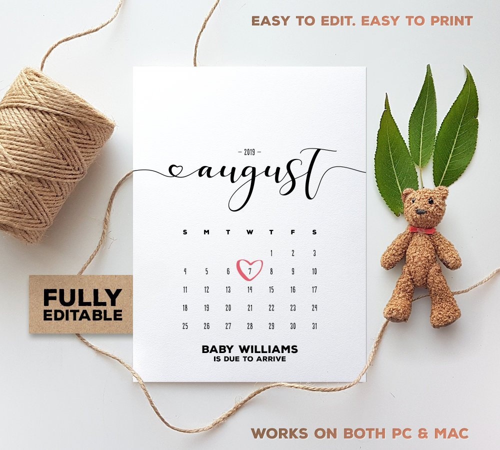 August 2019 Pregnancy Calendar Pdf Fully Editable Pdf Template | Etsy with Pregnancy Calendar Printable Free