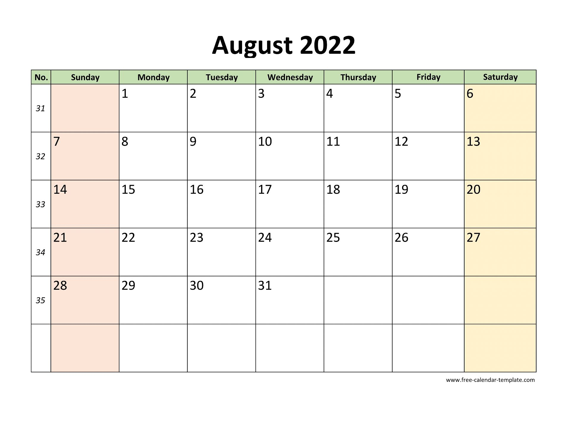 August 2022 Free Calendar Tempplate | Freecalendartemplate throughout Printable August 2022 Calendar