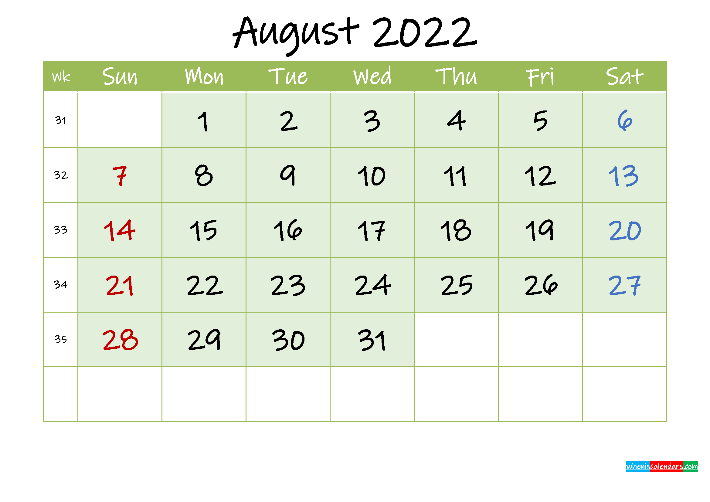 August 2022 Free Printable Calendar  Template Ink22M128 with regard to August 2022 Printable Calendar