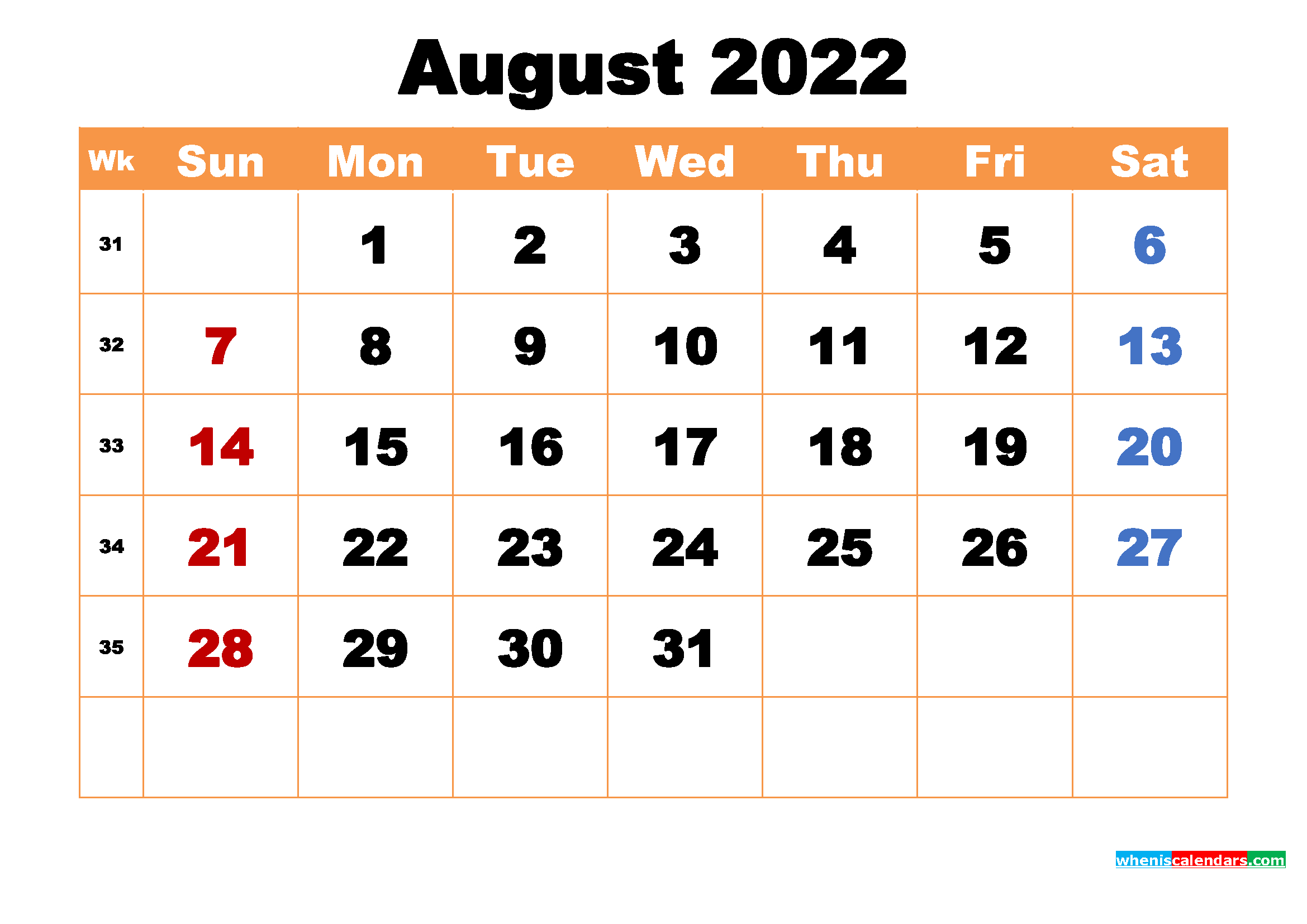 August 2022 Printable Monthly Calendar With Holidays  Free Printable for Printable August 2022 Calendar
