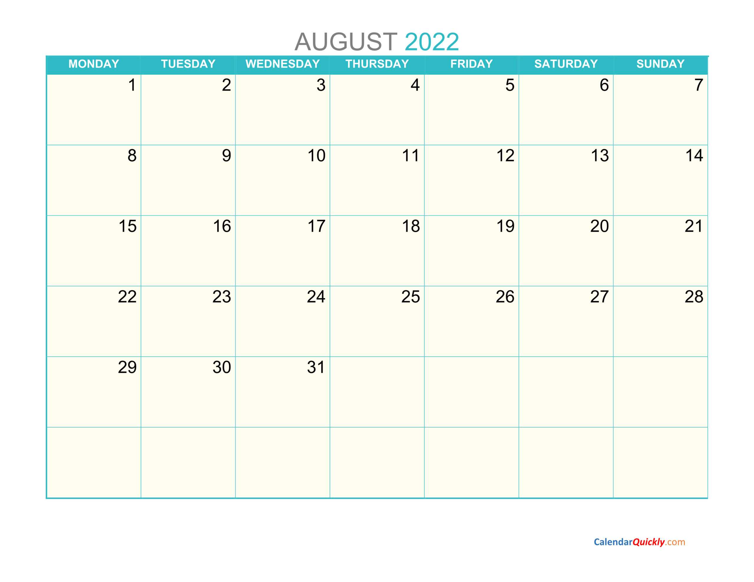 August Monday 2022 Calendar Printable | Calendar Quickly intended for Printable August 2022 Calendar