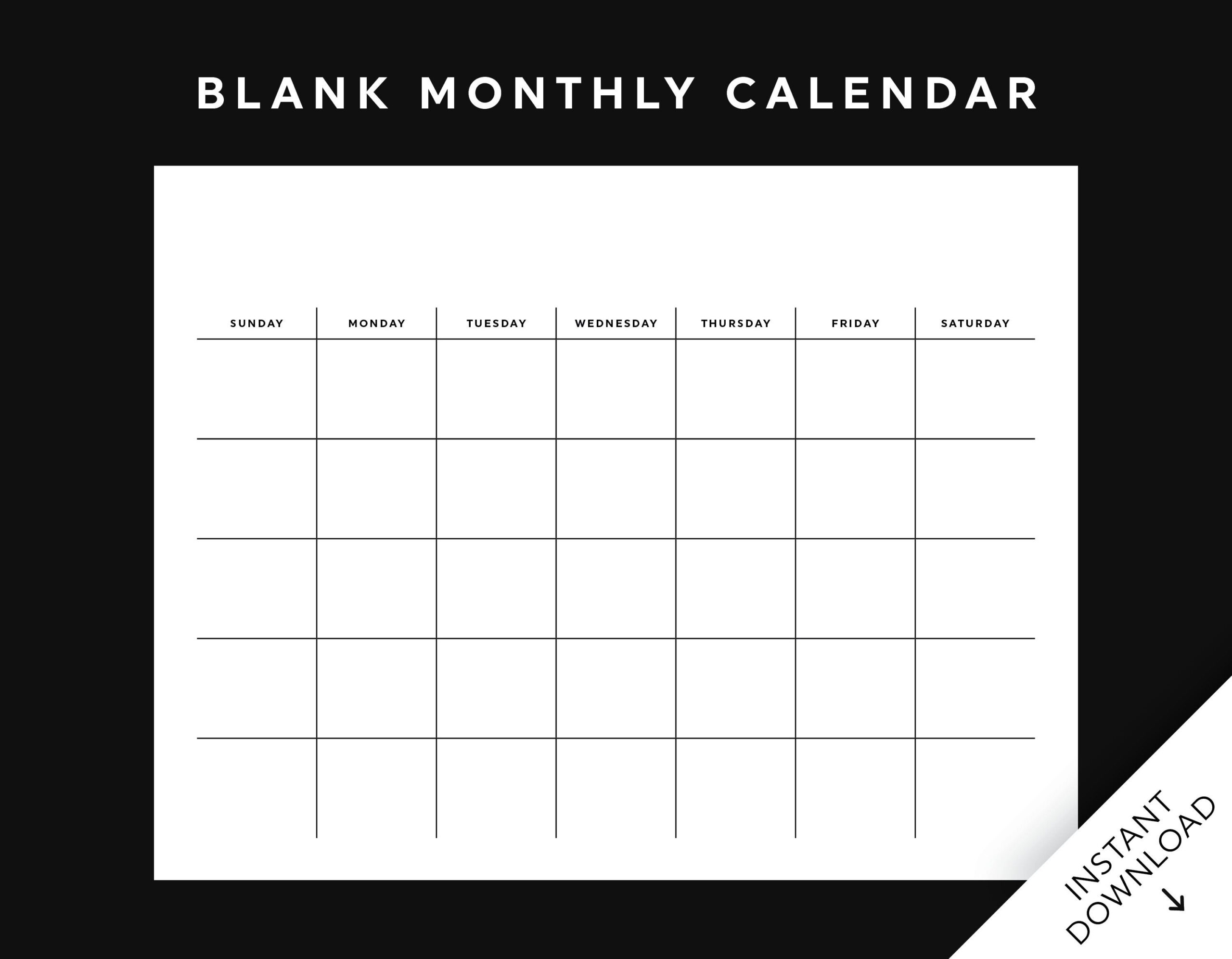 Blank Monthly Calendar Printable, Wall Calendar, Desk Calendar, Instant for Printable Calendars Starting With Sunday