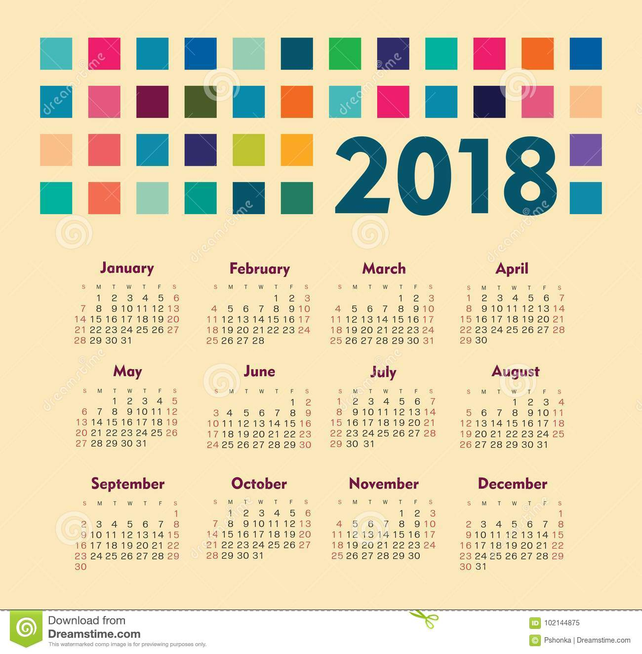 Calendar 2018 Year. Week Starts From Sunday Stock Vector  Illustration within Yearly Calendar With Squares