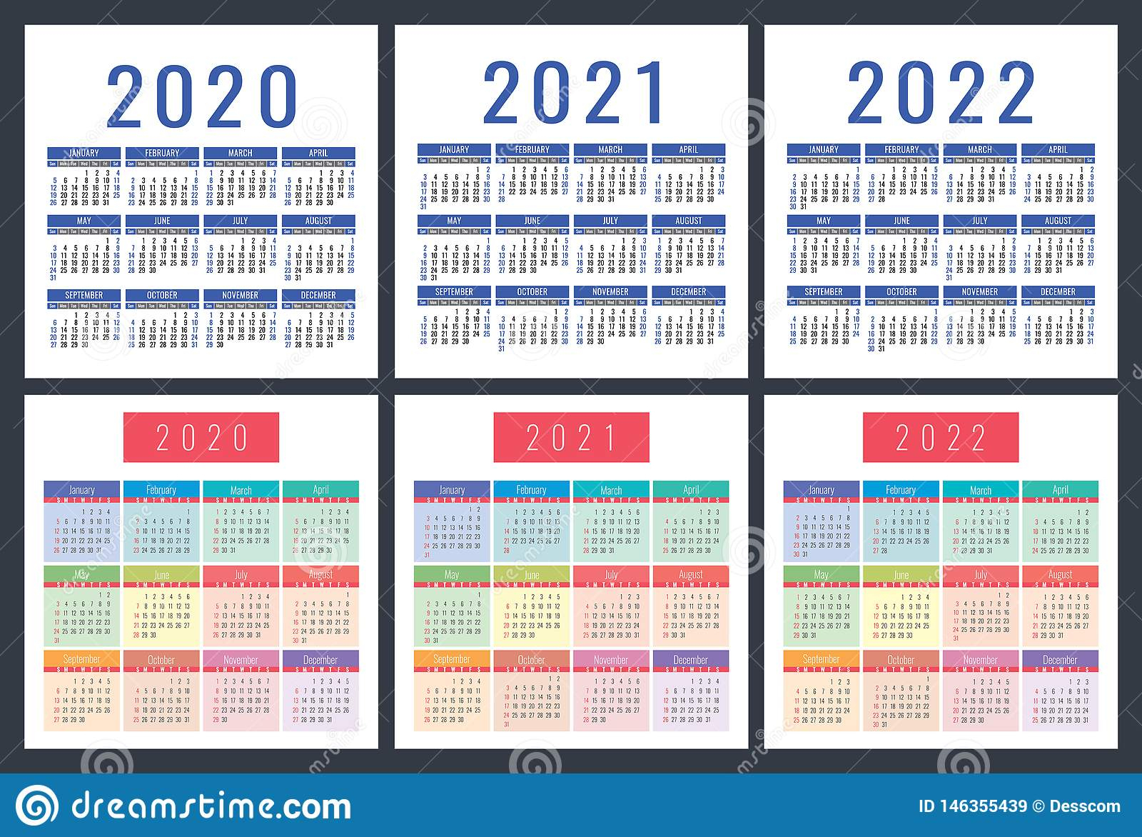 Calendar 2020, 2021, 2022. Pocket Calender. Colorful Set. Week Starts for Sunday Start Pocket Ring Planner