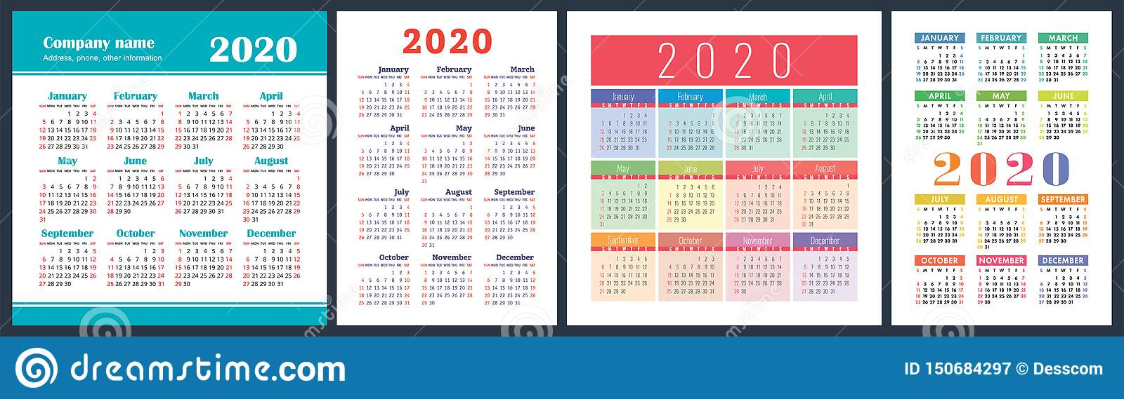 Calendar 2020 Year Set. Vector Square And Vertical Calender Design in Yearly Calander With Squaress
