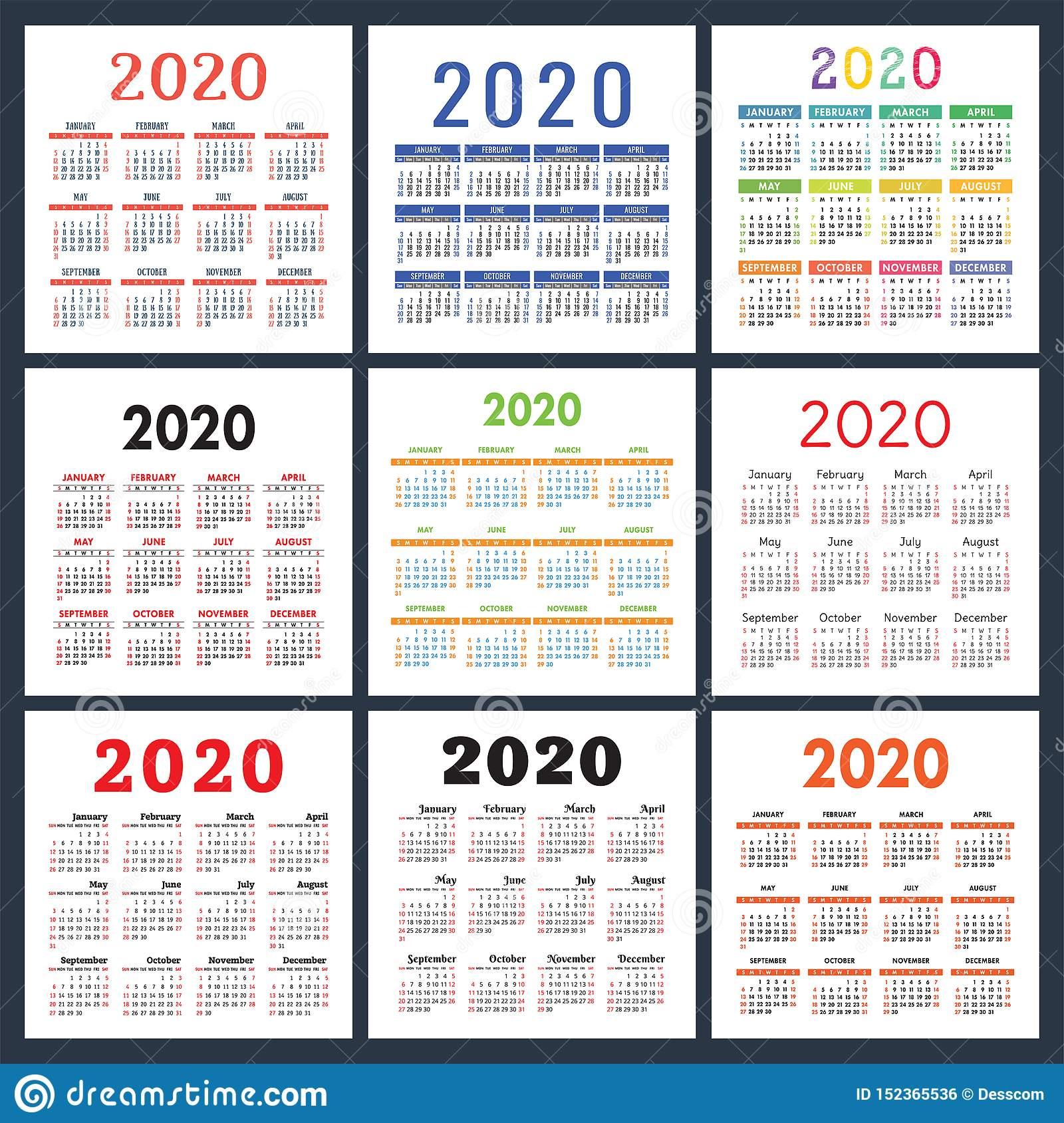Calendar 2020 Year Set. Vector Square Calender Design Template with Yearly Calander With Squaress