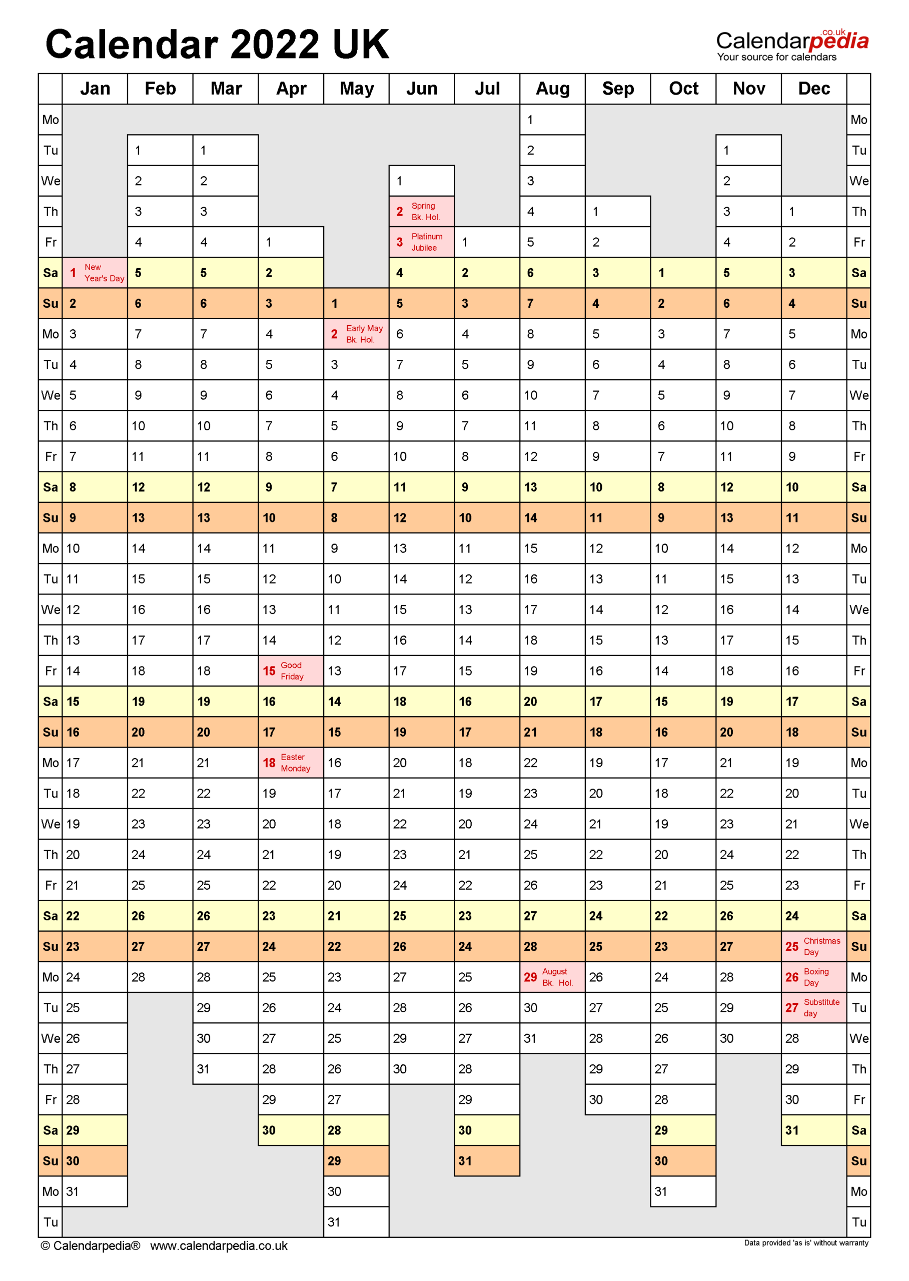 Calendar 2022 (Uk)  Free Printable Microsoft Excel Templates inside Free Printable Calendar 2022 Vertical
