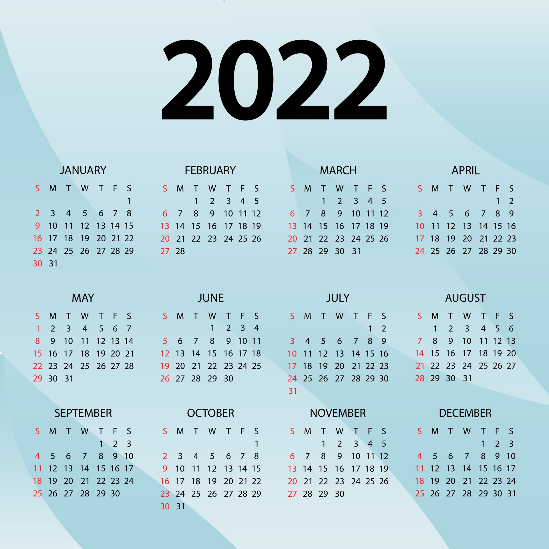 Calendar 2022 Year  Vector Illustration. The Week Starts Sunday in 2022 Calendar With Weeks