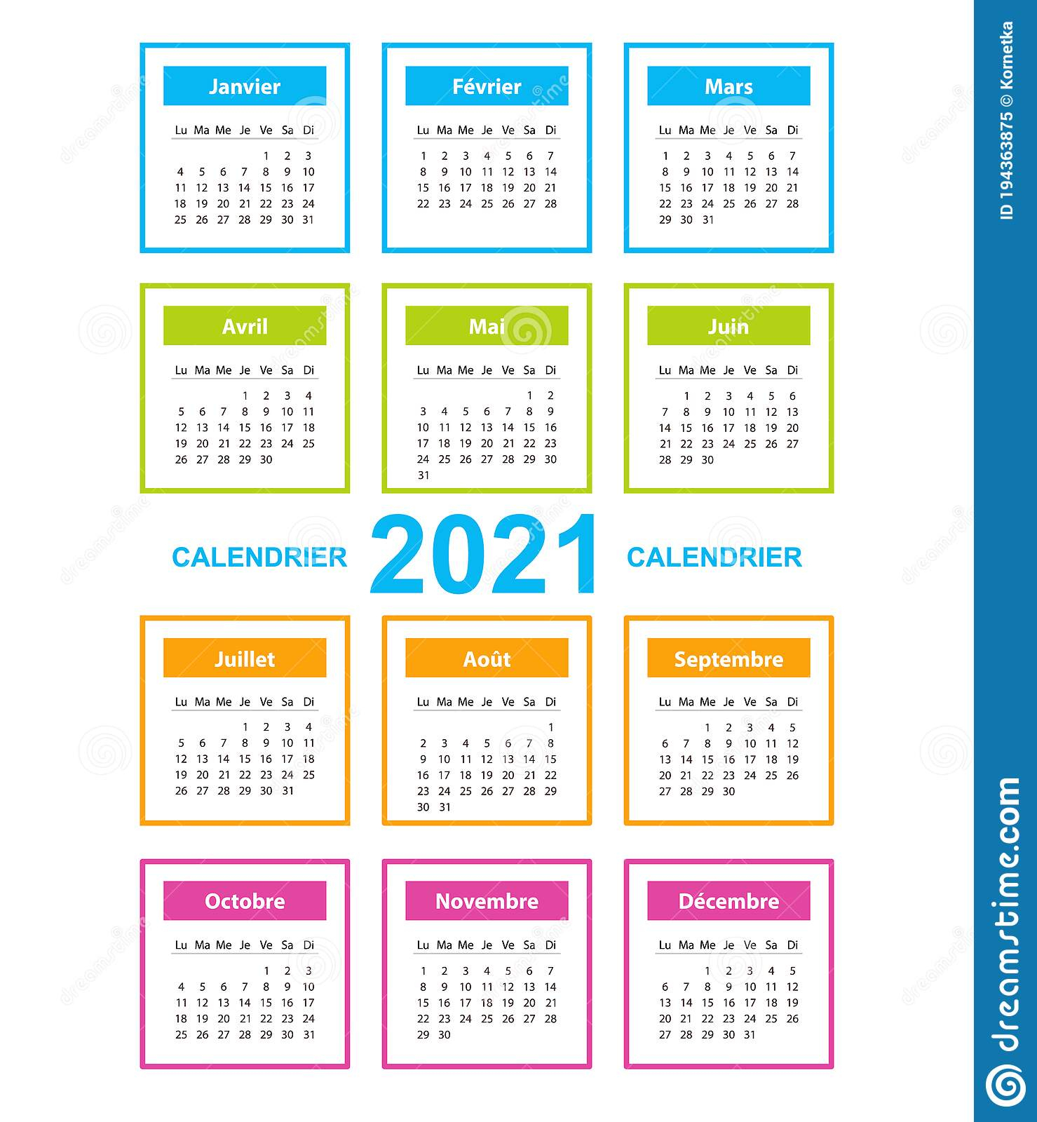 Calendar On 2021 Year, French. Color With Square Shape Stock with Yearly Calendar With Squares