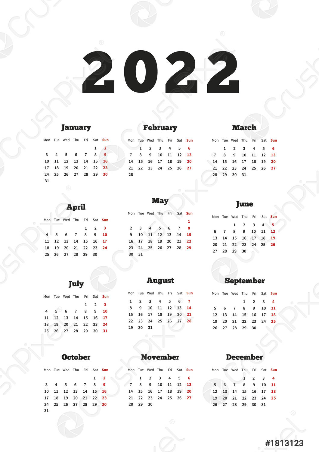 Calendar On 2022 Year With Week Starting From Monday, A4, Stock Vector inside Google Free Calendar 2022