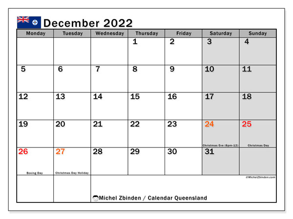 Calendar &quot;Queensland&quot;  Printing December 2022  Michel Zbinden En in 2022 Qld School Calendar Printable