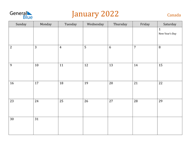 Canada January 2022 Calendar With Holidays with Printable Free 2022 Calendar Without Downloading