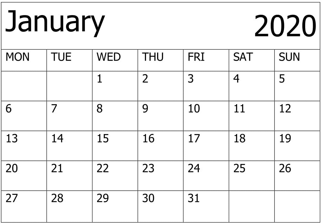 Catch Large Block January 2020 Printable Monthly Calendar | Calendar regarding Free Large Block Printable Calendars