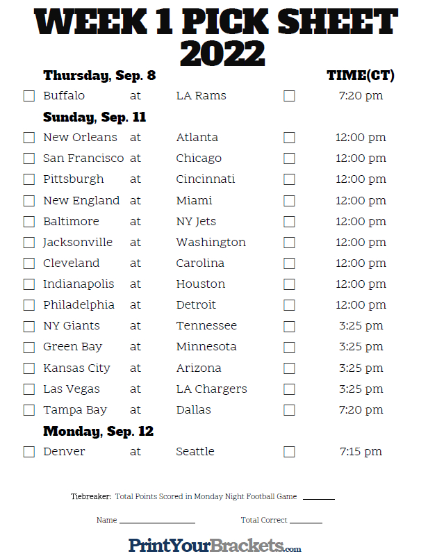 Central Time Week 1 Nfl Schedule 2020 Printable with Free Printable Weekly Football Schedules