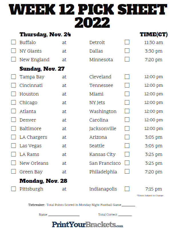 Central Time Week 12 Nfl Schedule 2020  Printable pertaining to Print Your Brackets 2022 Nfl Schedules Calendar