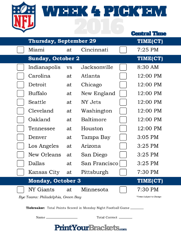 Central Time Week 4 Nfl Schedule 2016 Printable with regard to Free Printable Weekly Football Schedules