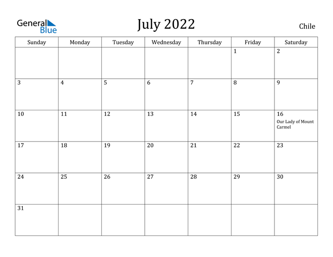 Chile July 2022 Calendar With Holidays for Army Holiday Calendar 2022