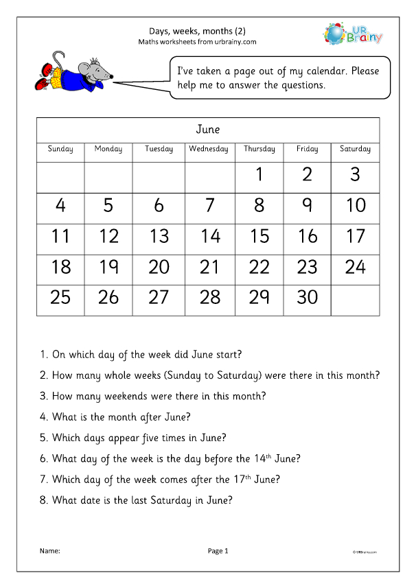 Day Weeks Months (2)  Measuring And Time Worksheets For Year 3 (Age 7 with regard to Week Days By Month