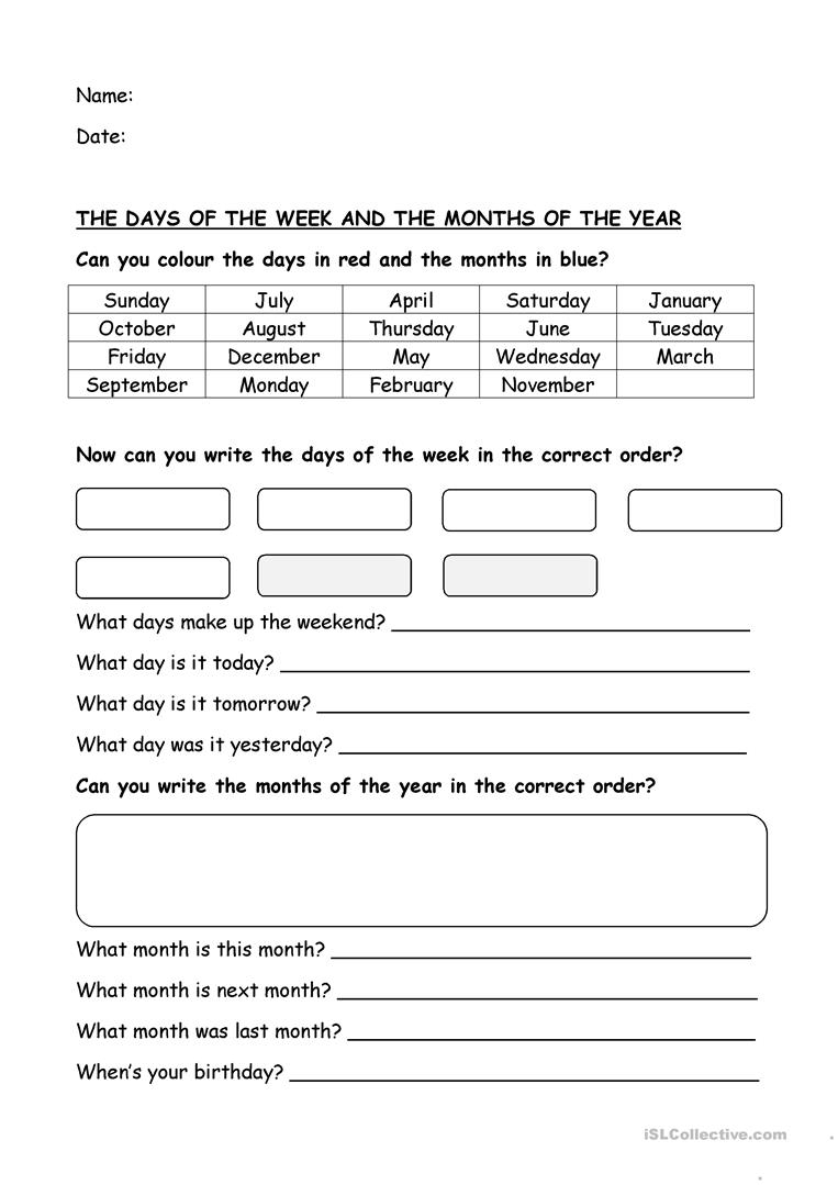 Days Of The Week And Months Worksheet  Free Esl Printable Worksheets regarding Week Days By Month