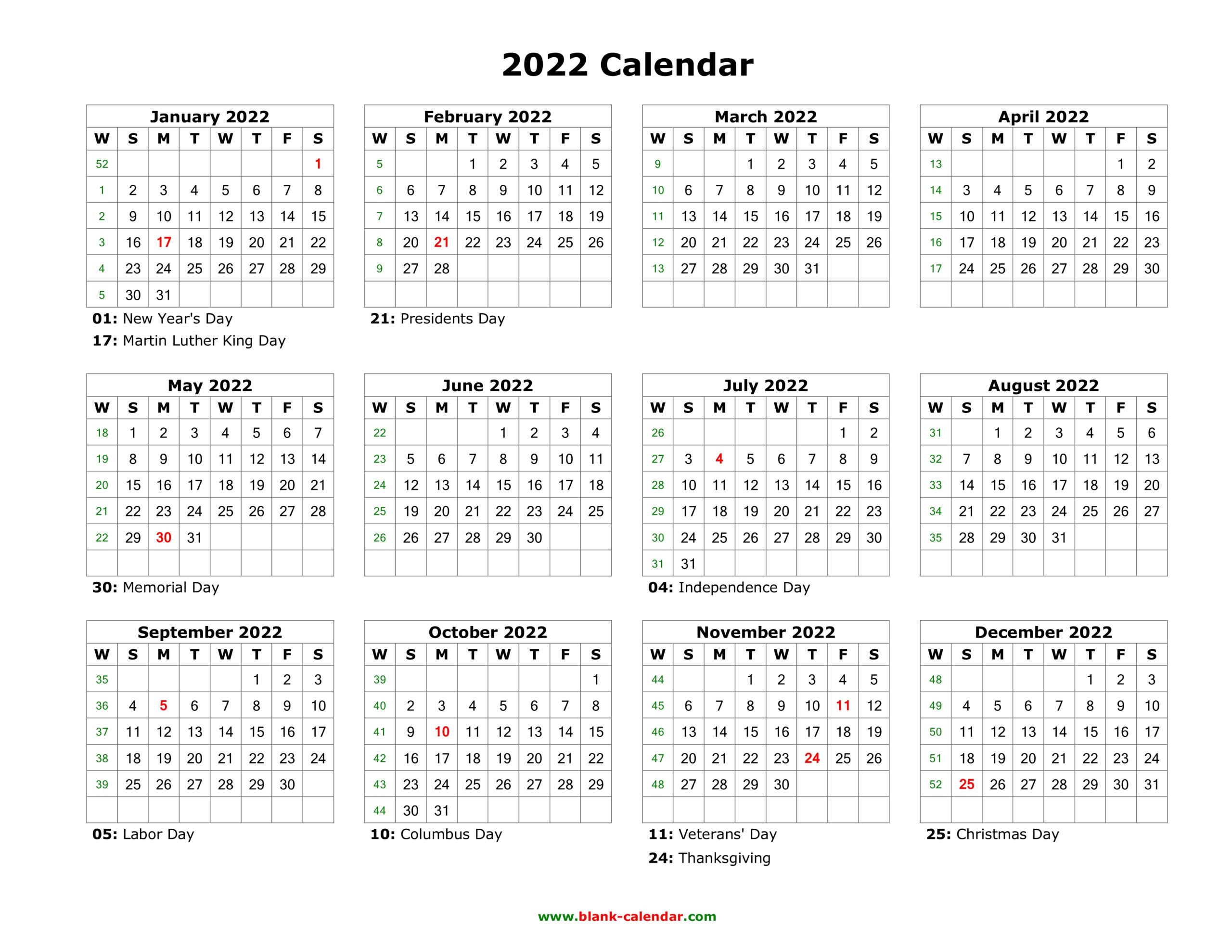 Download Blank Calendar 2022 With Us Holidays (12 Months On One Page throughout Printable 2022 Calendar One Page