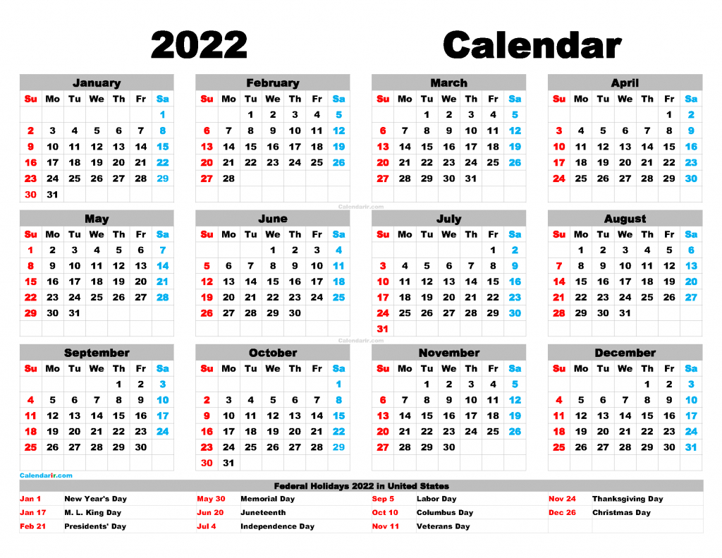Download Free Printable Yearly Calendar 2022 Pdf, Png throughout Large Free Printable 2022 Months