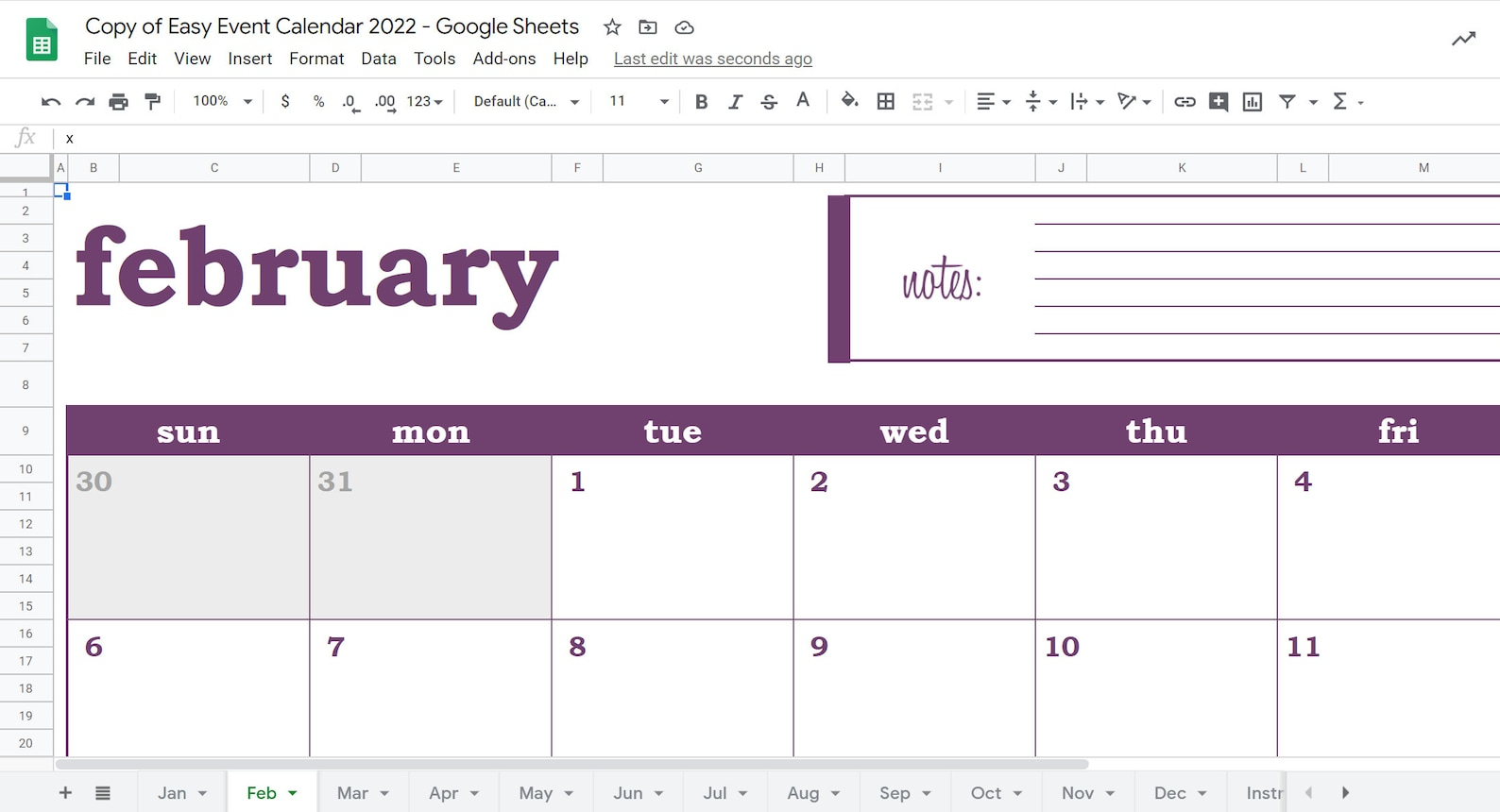 Easy Event Calendar 2022 Google Sheets Template Printable | Etsy within Calendrier Google Sheets 2022